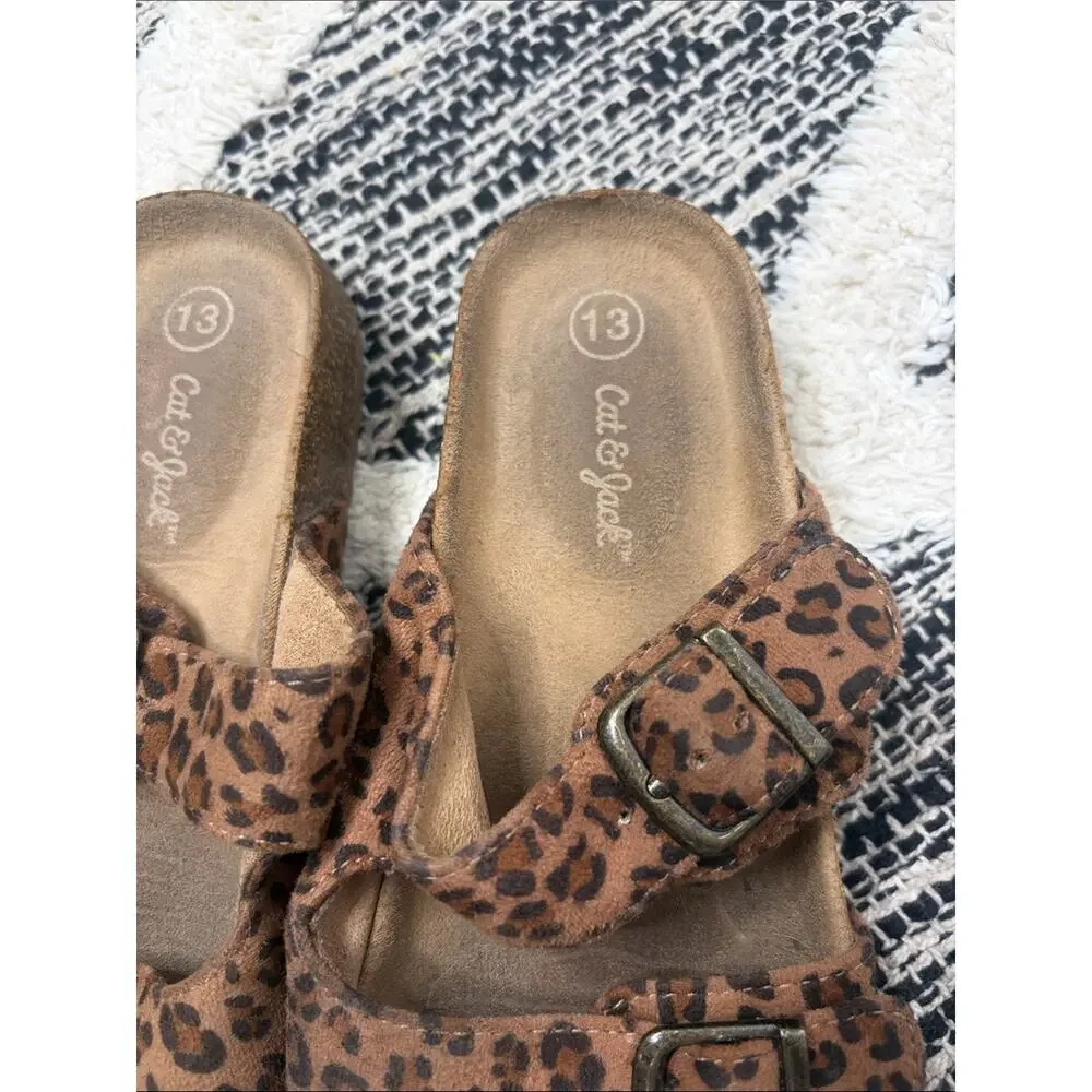 Cat & Jack Brown Leopard-Print Double Buckle Slide Sandals girls size 13